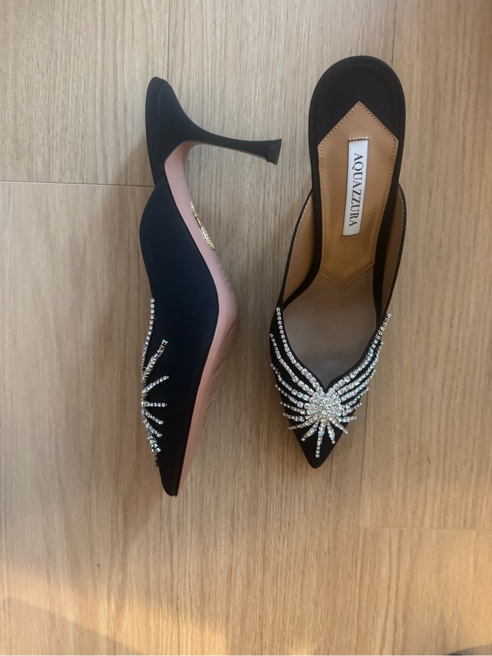 Aquazzura Black Crystal-Embellished Pointed Mules with Pink Sole